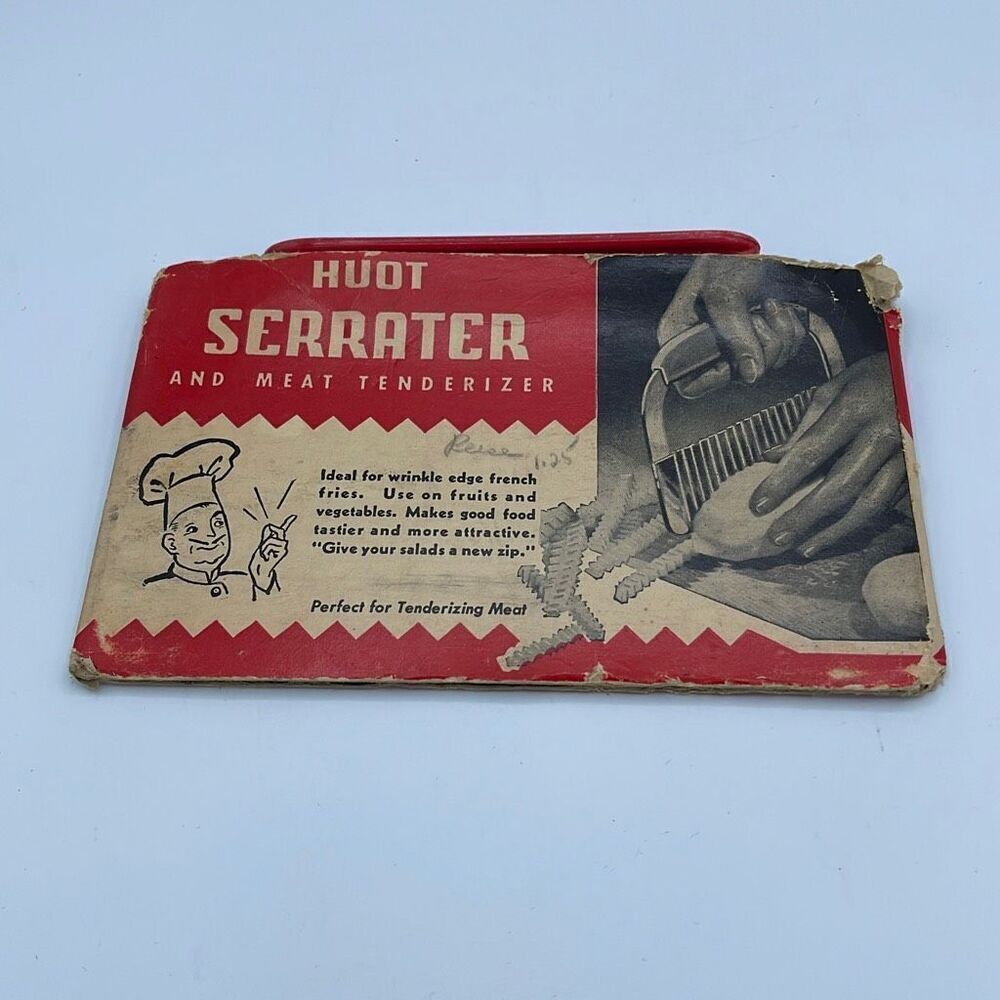 Vintage Huot Serrater and meat tenderizer in original packaging.